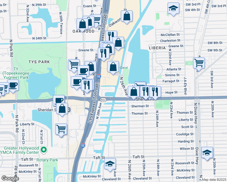 map of restaurants, bars, coffee shops, grocery stores, and more near 2704 Bruce Terrace in Hollywood