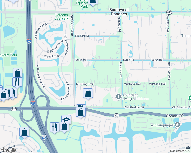 map of restaurants, bars, coffee shops, grocery stores, and more near 14531 Mustang Trail in Southwest Ranches
