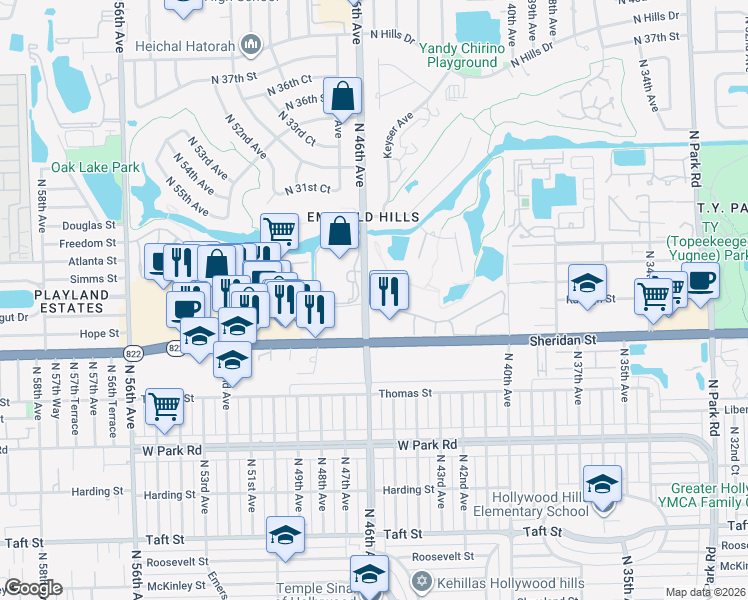 map of restaurants, bars, coffee shops, grocery stores, and more near 2400 Saint Andrews Road in Hollywood