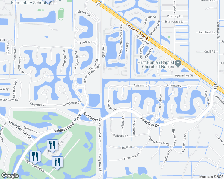 map of restaurants, bars, coffee shops, grocery stores, and more near 3093 Aviamar Circle in Naples