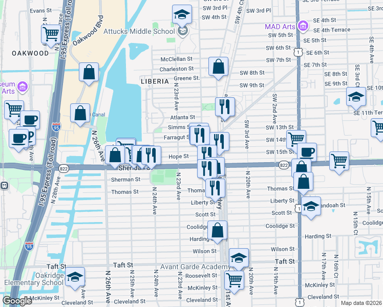 map of restaurants, bars, coffee shops, grocery stores, and more near 2223 Hope Street in Hollywood