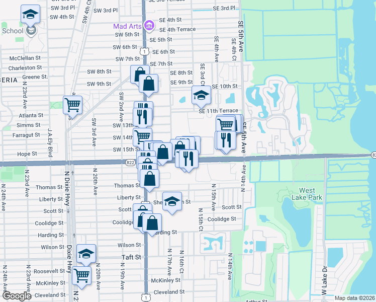 map of restaurants, bars, coffee shops, grocery stores, and more near 309 East Sheridan Street in Dania Beach