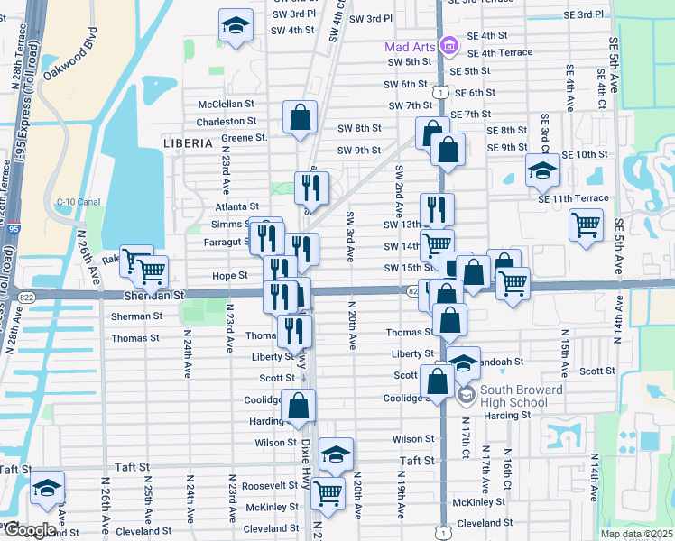 map of restaurants, bars, coffee shops, grocery stores, and more near 310 Southwest 16th Street in Dania Beach