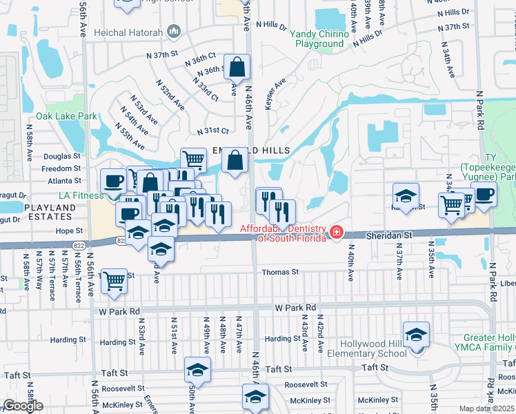 map of restaurants, bars, coffee shops, grocery stores, and more near 2400 Saint Andrews Road in Hollywood