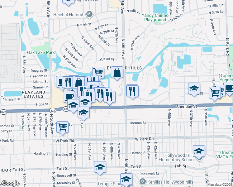 map of restaurants, bars, coffee shops, grocery stores, and more near 2816 North 46th Avenue in Hollywood
