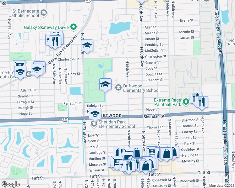 map of restaurants, bars, coffee shops, grocery stores, and more near 2700 Northwest 69th Avenue in Hollywood