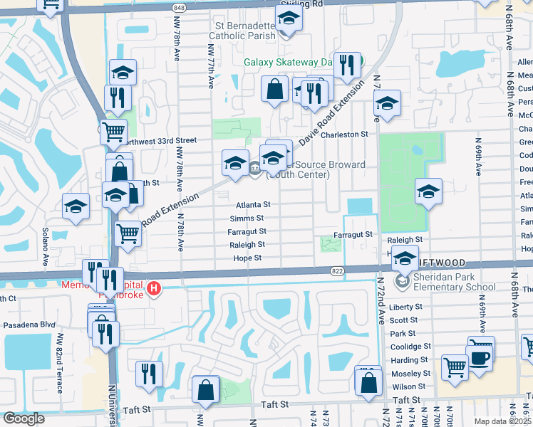 map of restaurants, bars, coffee shops, grocery stores, and more near 7530 Simms Street in Hollywood