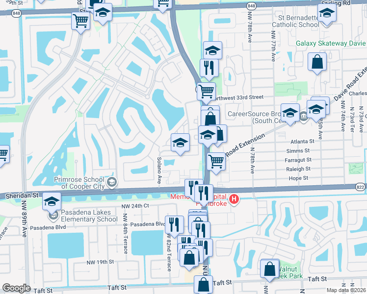 map of restaurants, bars, coffee shops, grocery stores, and more near 2901 Cascada Isle Way in Hollywood