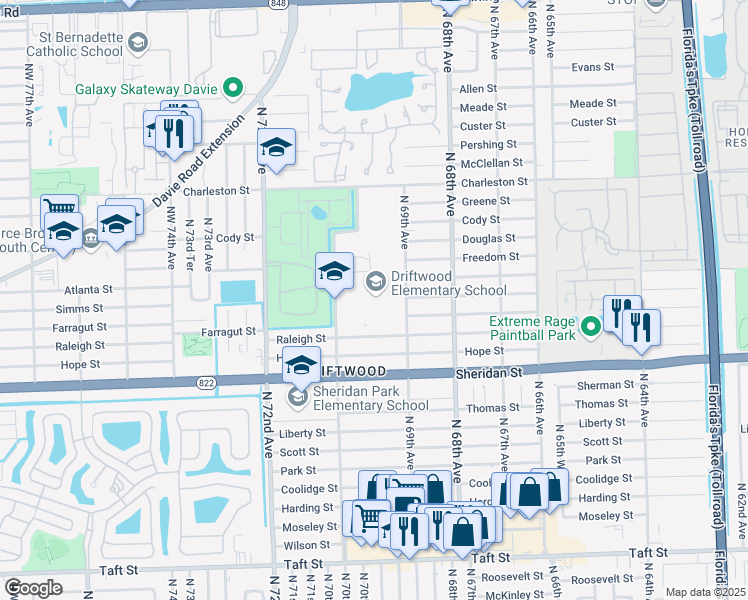 map of restaurants, bars, coffee shops, grocery stores, and more near 2700 Northwest 69th Avenue in Hollywood