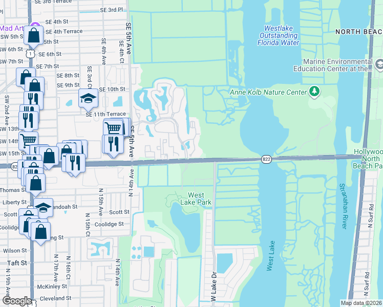 map of restaurants, bars, coffee shops, grocery stores, and more near 2711 Ocean Club Boulevard in Hollywood