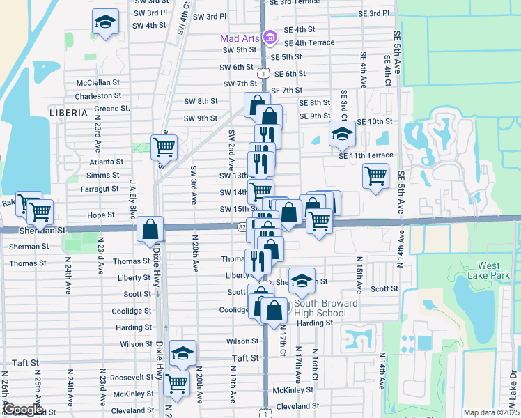 map of restaurants, bars, coffee shops, grocery stores, and more near in Dania Beach