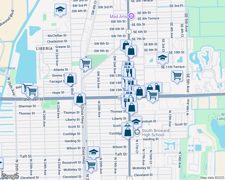 map of restaurants, bars, coffee shops, grocery stores, and more near 1501 Southwest 2nd Avenue in Dania Beach