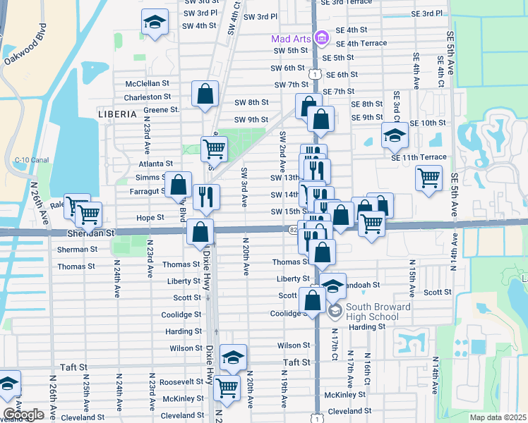 map of restaurants, bars, coffee shops, grocery stores, and more near 233 Southwest 16th Street in Dania Beach