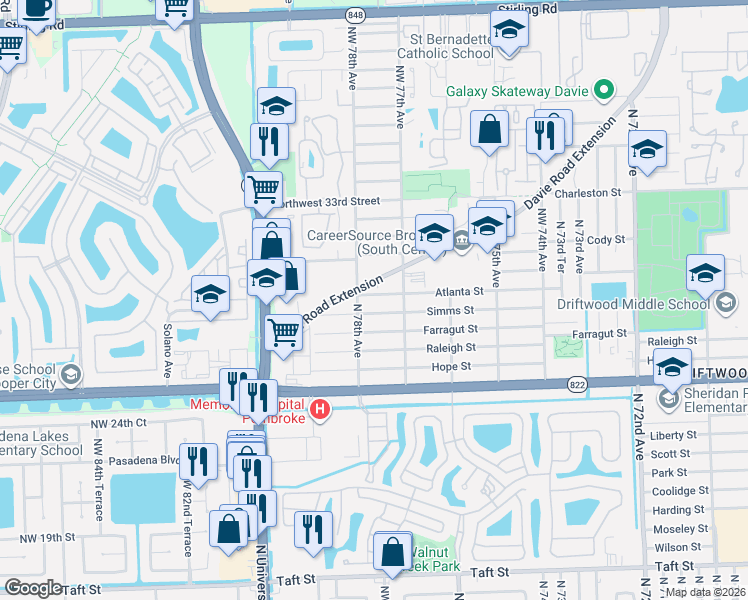 map of restaurants, bars, coffee shops, grocery stores, and more near 7761 Simms Street in Hollywood