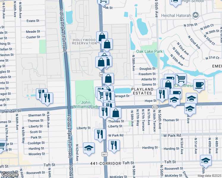map of restaurants, bars, coffee shops, grocery stores, and more near in Hollywood