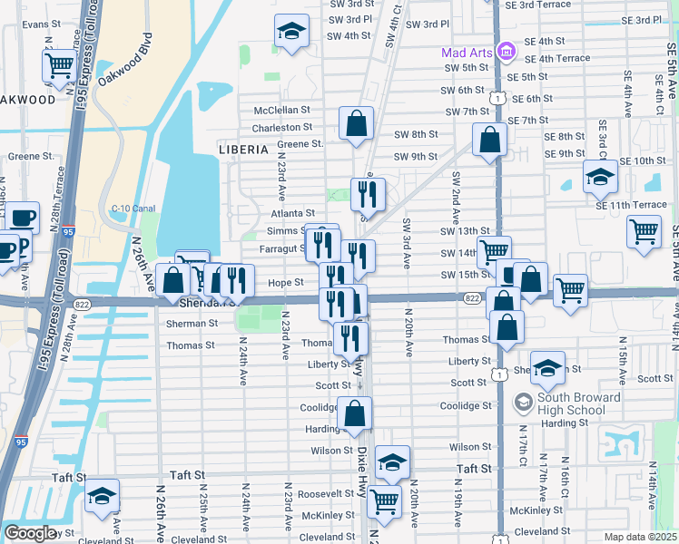 map of restaurants, bars, coffee shops, grocery stores, and more near 1555 Southwest 12th Avenue in Dania Beach
