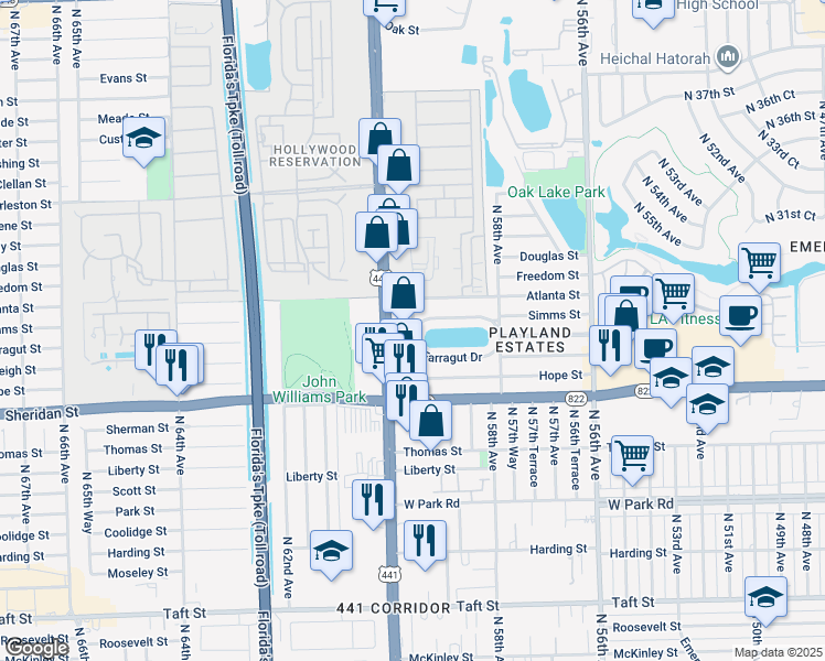 map of restaurants, bars, coffee shops, grocery stores, and more near in Hollywood