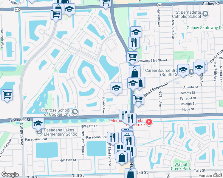 map of restaurants, bars, coffee shops, grocery stores, and more near 8150 Solano Avenue in Hollywood