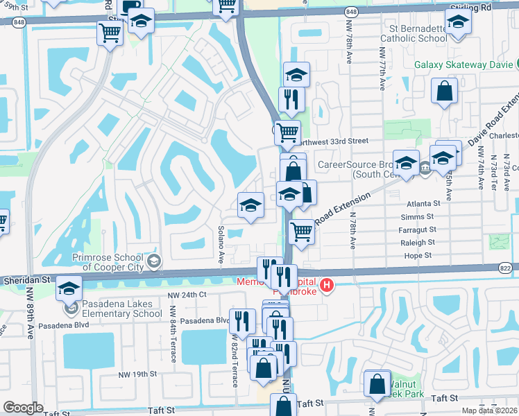 map of restaurants, bars, coffee shops, grocery stores, and more near 2901 Cascada Isle Way in Hollywood