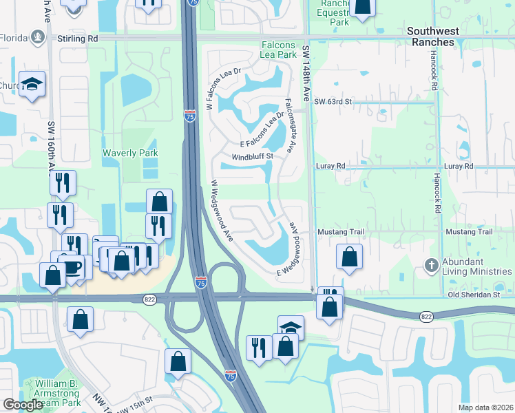 map of restaurants, bars, coffee shops, grocery stores, and more near 6830 West Longbow Bend in Davie