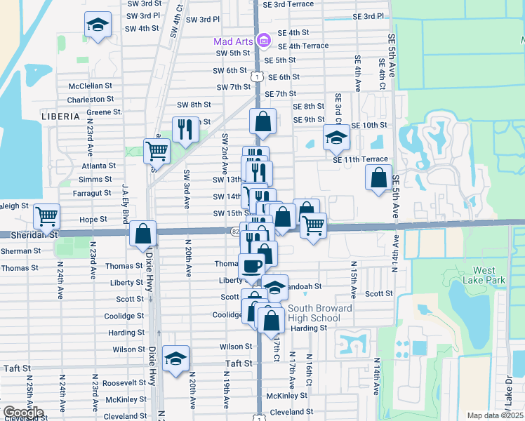 map of restaurants, bars, coffee shops, grocery stores, and more near in Dania Beach
