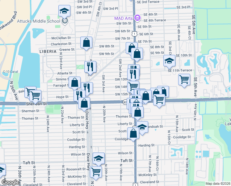 map of restaurants, bars, coffee shops, grocery stores, and more near 233 Southwest 16th Street in Dania Beach