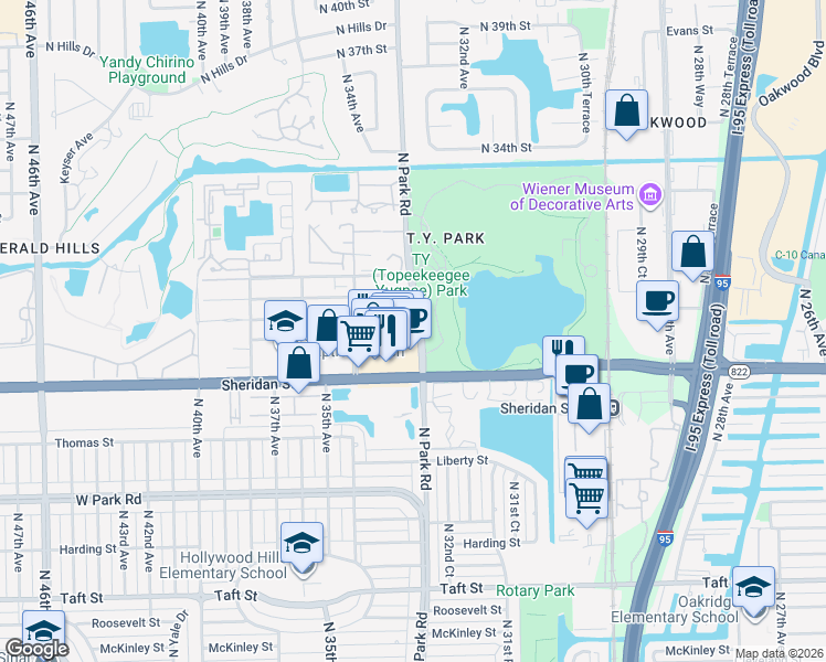 map of restaurants, bars, coffee shops, grocery stores, and more near 3301 Raleigh Street in Hollywood