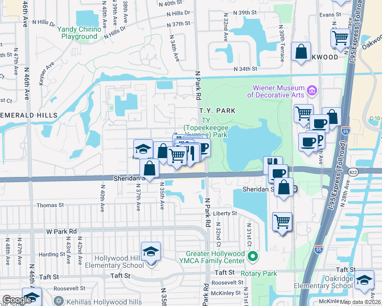 map of restaurants, bars, coffee shops, grocery stores, and more near 3327 Sheridan Street in Hollywood