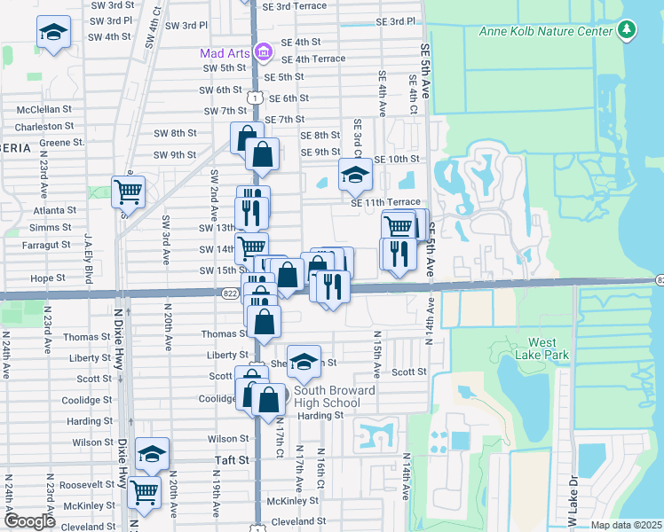 map of restaurants, bars, coffee shops, grocery stores, and more near 309 East Sheridan Street in Dania Beach