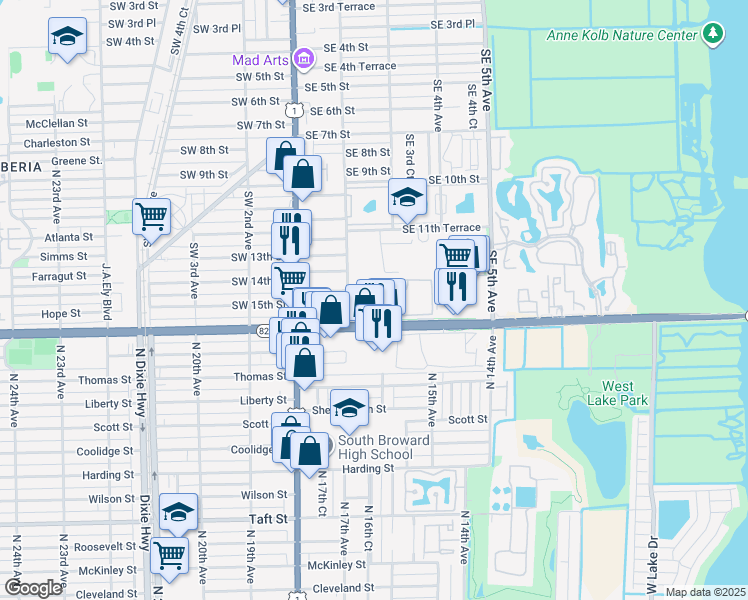 map of restaurants, bars, coffee shops, grocery stores, and more near 213 East Sheridan Street in Dania Beach