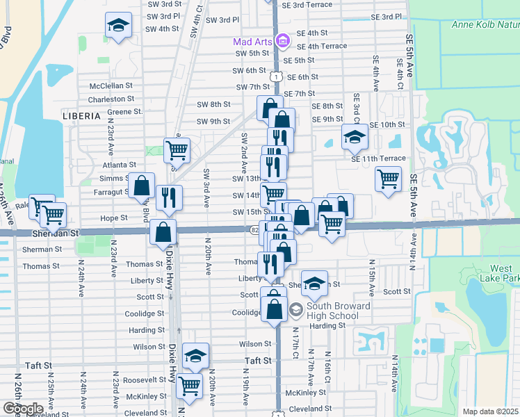 map of restaurants, bars, coffee shops, grocery stores, and more near 1501 Southwest 2nd Avenue in Dania Beach