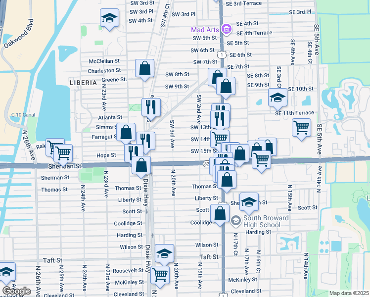 map of restaurants, bars, coffee shops, grocery stores, and more near 233 Southwest 16th Street in Dania Beach