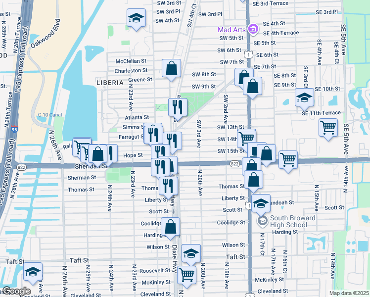 map of restaurants, bars, coffee shops, grocery stores, and more near 339 Southwest 16th Street in Dania Beach