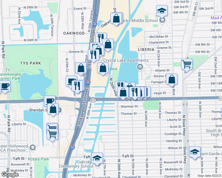map of restaurants, bars, coffee shops, grocery stores, and more near 2547 North 26th Terrace in Hollywood
