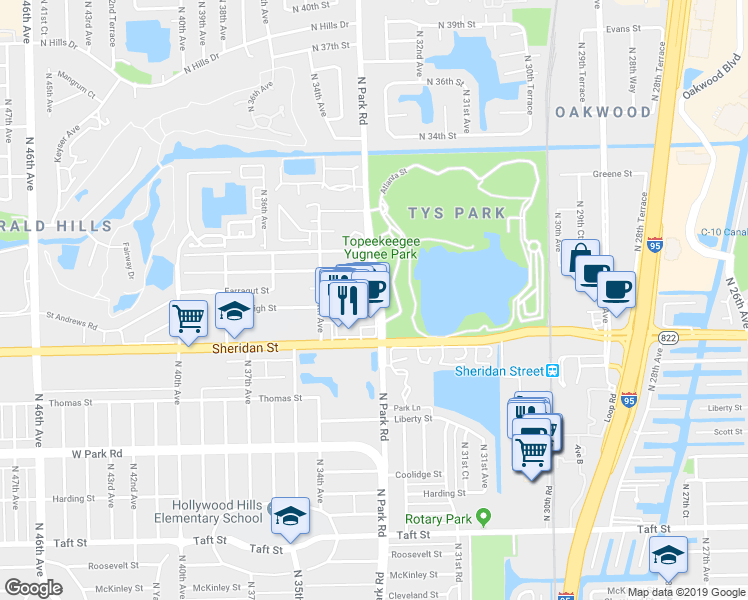 map of restaurants, bars, coffee shops, grocery stores, and more near 3301 Sheridan Street in Hollywood