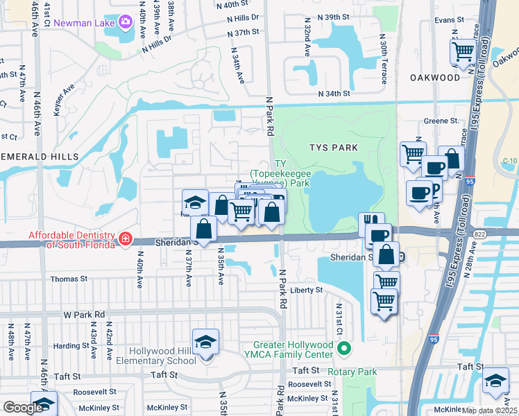map of restaurants, bars, coffee shops, grocery stores, and more near 3327 Sheridan Street in Hollywood