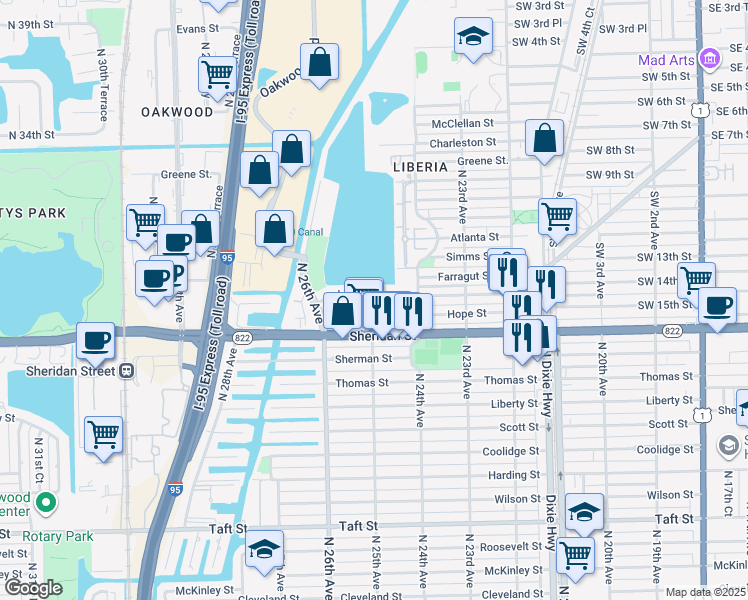 map of restaurants, bars, coffee shops, grocery stores, and more near 2465 Oak Gardens Lane in Hollywood
