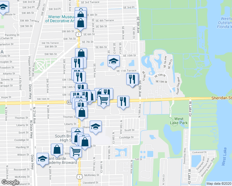 map of restaurants, bars, coffee shops, grocery stores, and more near 361 East Sheridan Street in Dania Beach