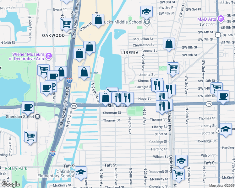 map of restaurants, bars, coffee shops, grocery stores, and more near 2465 Oak Gardens Lane in Hollywood