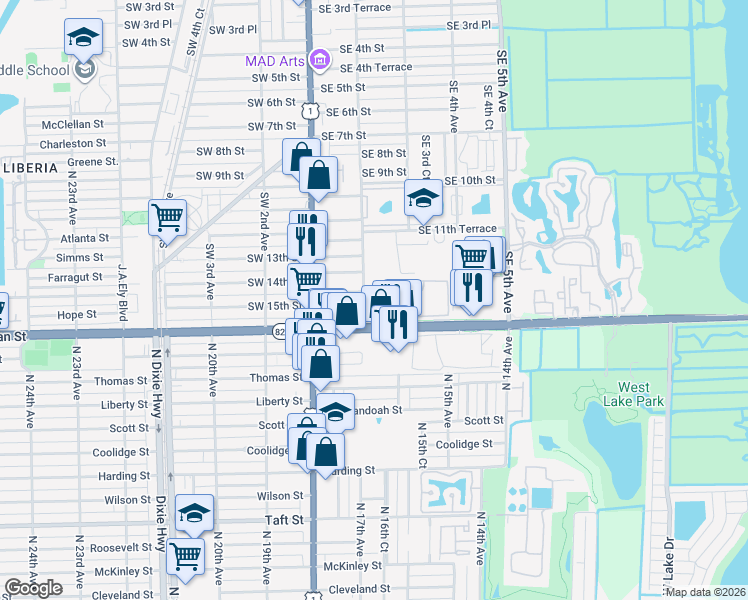 map of restaurants, bars, coffee shops, grocery stores, and more near 209 Southeast 15th Street in Dania Beach