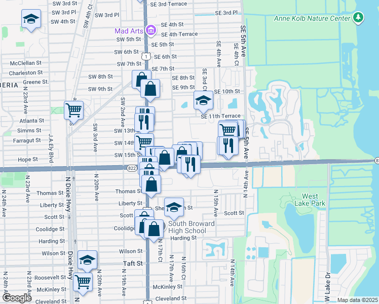 map of restaurants, bars, coffee shops, grocery stores, and more near 309 East Sheridan Street in Dania Beach