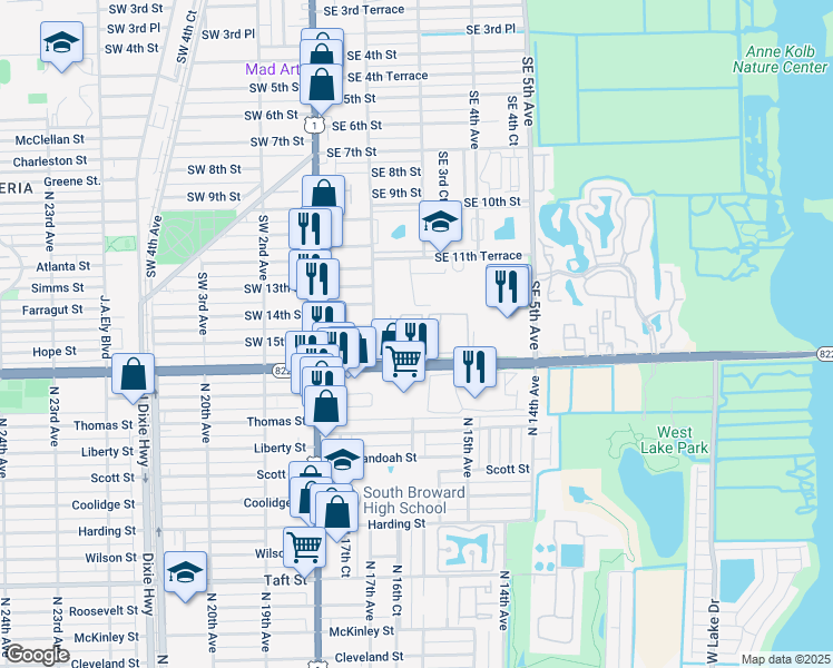 map of restaurants, bars, coffee shops, grocery stores, and more near 361 East Sheridan Street in Dania Beach