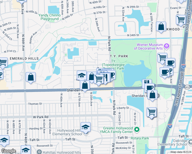 map of restaurants, bars, coffee shops, grocery stores, and more near 3340 Simms Street in Hollywood
