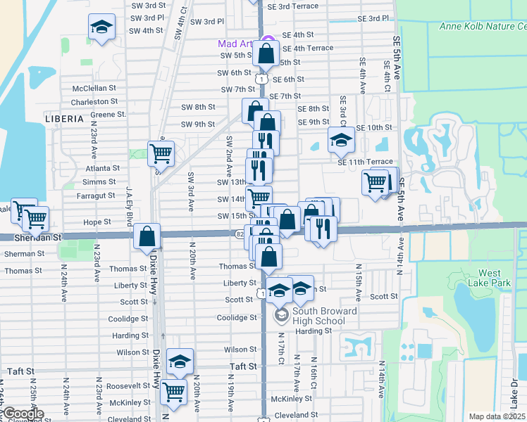 map of restaurants, bars, coffee shops, grocery stores, and more near in Dania Beach