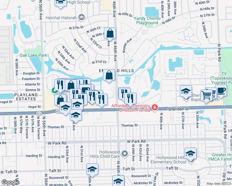 map of restaurants, bars, coffee shops, grocery stores, and more near 2818 North 46th Avenue in Hollywood