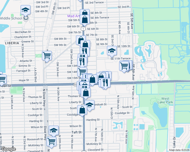 map of restaurants, bars, coffee shops, grocery stores, and more near 36 Southeast 13th Terrace in Dania Beach