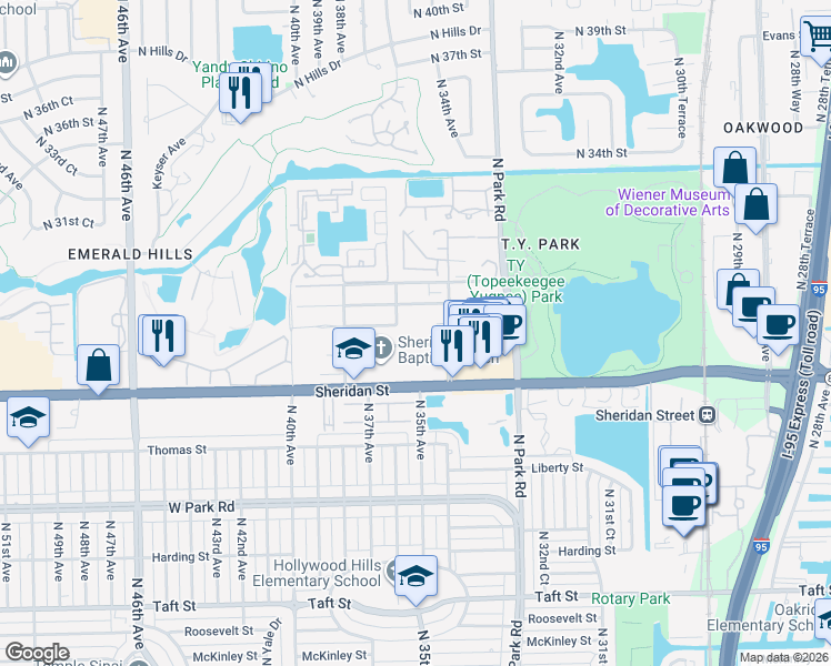 map of restaurants, bars, coffee shops, grocery stores, and more near 3500 Simms Street in Hollywood