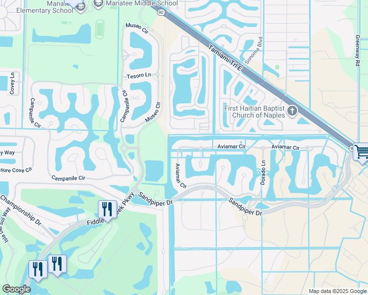 map of restaurants, bars, coffee shops, grocery stores, and more near 3062 Aviamar Circle in Naples