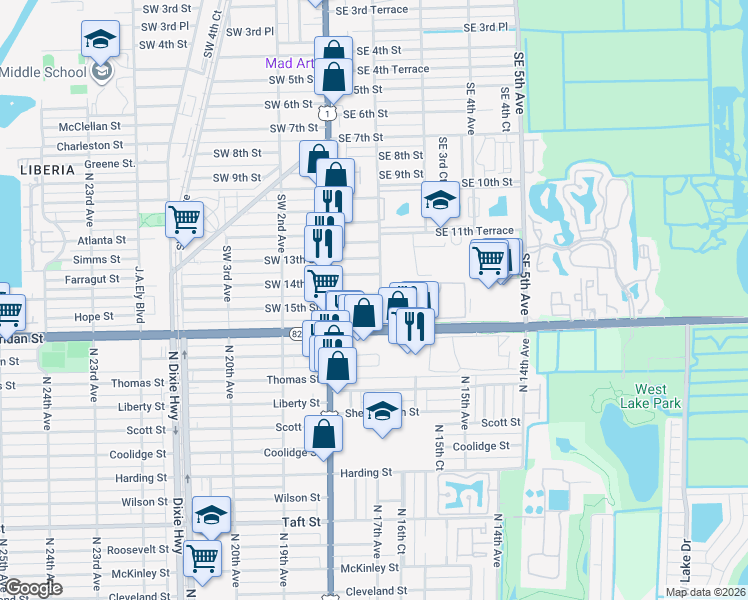 map of restaurants, bars, coffee shops, grocery stores, and more near 36 Southeast 13th Terrace in Dania Beach