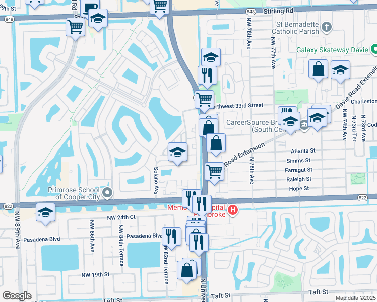 map of restaurants, bars, coffee shops, grocery stores, and more near 2950 Solano Avenue in Hollywood